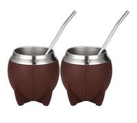 Texvora Lot de 2 gourdes à maté Yerba Mate, 280 ml, en acier inoxydable, corps en simili cuir antidérapant, pailles en acier inoxydable, pour la dégustation traditionnelle du maté, couleur café