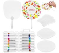 Texvora Lot de 72 éventails transparents portatifs à faire soi-même, 24 éventails ronds en forme de feuille de palmier, avec 24 marqueurs acryliques et étui, pour travaux manuels, projets scolaires