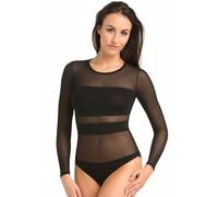Teyli - Body femme en matière de haute qualité, à manches longues et coupe cintrée, avec culotte intégrée et empiècements transparents Noir XS