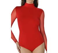 Teyli Body Femme Manche Longue avec Manches en Maille Transparente Bodysuit Élégant et Confortable pour Femme Coupe Flatteuse et Polyvalente pour Toutes Occasions Rouge XS