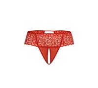 Teyli Culotte Ouverte à l’Entrejambe - String Ouvert à l’Entrejambe Femme Sensuel - String en résille et Dentelle Florale. Rouge S/M