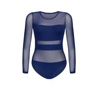 Teyli - Body femme en matière de haute qualité, à manches longues et coupe cintrée, avec culotte intégrée et empiècements transparents Bleu XL