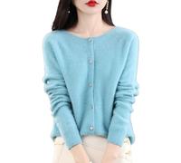 TeysHa Cardigan en Cachemire pour Femmes, Pull en Laine à col Rond boutonné à Manches Longues, Pull élastique en Tricot Doux et Chaud (Lake Blue,Small)