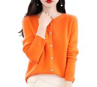 TeysHa Cardigan en Cachemire pour Femmes, Pull en Laine à col Rond boutonné à Manches Longues, Pull élastique en Tricot Doux et Chaud (Orange,Medium)