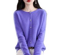 TeysHa Cardigan en Cachemire pour Femmes, Pull en Laine à col Rond boutonné à Manches Longues, Pull élastique en Tricot Doux et Chaud (Blue-Violet,Large)