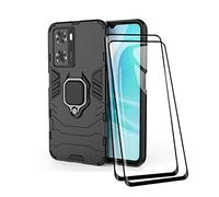 TEYYOS Coque + [2 Pièces] Verre Trempé pour Oppo A57 4G/Oppo A57s, TPU/PC Dual Layer Armor Antichoc Housse [360° Holder] Con 9H Dureté Film Protection Ecran, Noir