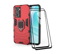 TEYYOS Coque + [2 Pièces] Verre Trempé pour Oppo A57 4G/Oppo A57s, TPU/PC Dual Layer Armor Antichoc Housse [360° Holder] Con 9H Dureté Film Protection Ecran, Rouge