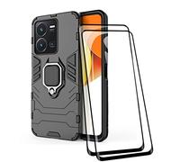 TEYYOS Coque + [2 Pièces] Verre Trempé pour Vivo Y35 4G, TPU/PC Dual Layer Armor Antichoc Housse [360° Holder] Con 9H Dureté Film Protection Ecran, Noir