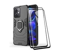 TEYYOS Coque + [2 Pièces] Verre Trempé pour Xiaomi Poco X5/Redmi Note 12 5G, TPU/PC Dual Layer Armor Antichoc Housse [360° Holder] Con 9H Dureté Film Protection Ecran, Noir