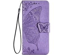 TEYYOS Papillon Coque Folio pour Samsung Galaxy A15 5G/4G, Housse Étui en PU/TPU Cuir Flip Portefeuille avec Espèces et Carte Fente, Téléphone Case Protection Cover - Violet Clair