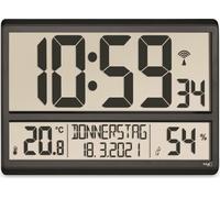 TFA Dostmann XL horloge murale numérique, 60.4520.01, avec température et humidité, jour de la semaine également en français (8 langues), horloge radiocommandée, bien lisible, grande, noire