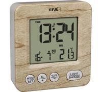TFA Dostmann Réveil Radio-piloté numérique Aspect Bois, 60.2567, Horloge Radio-pilotée, réveil de Voyage, Jour de la Semaine et Date, Alarme, fuseaux horaires, Fonctionnement sur Piles, Bois, Marron
