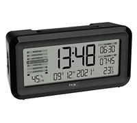TFA-Dostmann BOXX2 60.2562.01 Réveil numérique Radio-piloté avec écran Allemand 2 alarmes, Surveillance de la température ambiante avec Jour de la Semaine et Batterie Noir