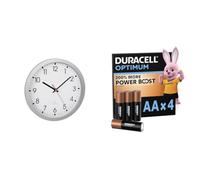 TFA Dostmann Horloge Murale analogique Radio-pilotée, 60.3522.02, avec trotteuse, Couvercle en Verre, Grand Cadran, 30 cm de diamètre, Blanc + Duracell Optimum Lot de 4 AA