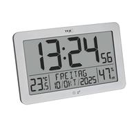 TFA Dostmann Horloge Murale Moderne, numérique radiocommandée, Affichage de la température ambiante, 60.2568.54, Grand Format, Indication du Jour, de la Semaine et de la Date, Fonction réveil, Argent