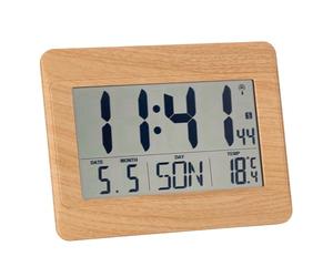 TFA Dostmann Horloge murale numérique radio, température intérieure, jour et date (8 langues), réglage du fuseau horaire, plastique, 215 x 160 x 26 mm (effet bois)