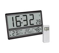 TFA Dostmann Horloge numérique XL, 60.4523.01, Jour de la Semaine en français, température ext./int., Grandes pendules murales digitales radioc-pilotée avec fuseaux horaires, Noire