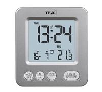 TFA Dostmann Réveil de Voyage numérique Radio, 60.2567.54, thermomètre intérieur, Affichage du Calendrier (Date + Jour de la Semaine), Fonction Snooze, Horloge Radio, Argent