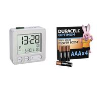TFA Dostmann Réveil numérique, 60.2545.54, réveil Radio pilotée, avec fuseaux horaires réglables, réveil Matin avec température, Blanc/Argent + Duracell Optimum Lot de 4 AAA