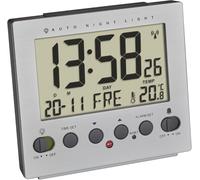 TFA Dostmann réveil Radio-pilotée Digital, 60.2561.55, éclairage Automatique de Nuit, température, Jour de la Semaine et Date, Aspect Aluminium, Argent