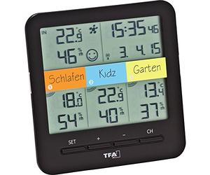 TFA Dostmann Station Thermomètre-station avec hygromètre Klima@Home, 30.3060.01 Thermo-hygromètre avec 3 captéurs sans fil, Température dans chambre et Humidité dans maison, plastique, noir