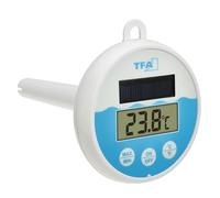 TFA Dostmann Thermomètre de Piscine numérique à énergie Solaire, 30.1068.02, pour Piscine/Bassin/Piscine/Jacuzzi avec Corde de Fixation (1 m) Fonctionne à l'énergie Solaire, Blanc/Bleu