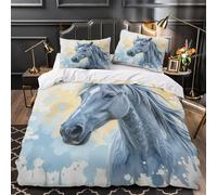 TFEDACVSS Portrait de Cheval Gris Parure de Lit Microfibre Hypoallergique Imprimé en 3D Douce Aquarelle Artistique Housse de Couette Fermeture Éclair Respirante Résistante for Fille Single（140x200cm）