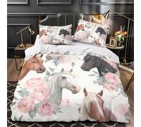 TFEDACVSS Portraits de Chevaux Housse de Couette 3D Effet Microfibre Hypoallergique Confortable Aquarelle Florale Parure de Lit Fermeture Éclair Super Douce Résistante for Couple Single（135x200cm）