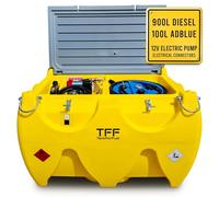 TFF Cuve Gasoil Portable 900 L avec Pompe Gasoil 12V DC 40 l/min plus Reservoir Adblue avec pompe 12 V 20 l/min. Reservoir Carburant avec câble d'alimentation, tuyau de 4 m et pistolet ravitaillement