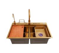 TFGXUE Évier de cuisine avec 2 bacs, 78 x 46 cm, en acier inoxydable, avec robinetterie, bac dans le bassin, porte-couteau, planche à découper et support, nano-revêtement (doré)
