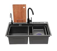 TFGXUE Évier de cuisine avec 2 bacs, 78 x 46 cm, en acier inoxydable, avec robinetterie, bac dans le bassin, porte-couteau, planche à découper et support, nano-revêtement, noir