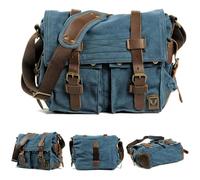 TFixol Grand sac à bandoulière vintage en toile véritable pour ordinateur portable pour randonnée, camping, voyage, bleu ciel, L: 35 cm/13.8 inches, W: 12 cm/4.7 inches, H: 28 cm/11 inches