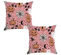 TFOSO Lot de 2 housses de coussin d'Halloween, toile d'araignée et de citrouille, imprimé floral rose pour maison, canapé, chambre à coucher, salon, décoration de fête, peluche courte, 40,6 x 40,6 cm