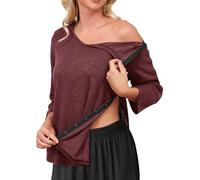 Tfovorlein Chemises post-chirurgie d'épaule pour femmes à déchirure Manches 3/4 Entièrement ouvertes avec boutons sur les côtés Vêtements adaptés pour dialyse et chimiothérapie, rouge vin, Taille M