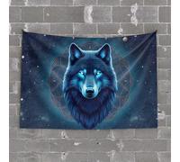TFSW Tapisserie murale pour chambre à coucher, loup bleu avec pendentif étoile dans la forêt, tapisserie pour homme, bar, grotte (100 x 150 cm)