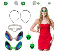 TGFIX Lunettes Alien, Bandeaux pour Cheveux d'Aliens, Boucles d'Oreilles Alien, pour Halloween,Lunettes d'Accessoires Costume de Carnaval(Vert/Argent)