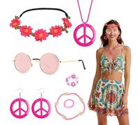 TGKEAIY 7 Pièces Accessoires Hippie pour femmes, Années 60 Costume Hippie avec Fleurie Bandeau Lunettes Boucles d'oreilles Collier Signe de Paix Bracelet, Décoration Rétro pour Musique Fête