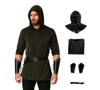 TGUVGRHH Chemise tunique médiévale à chaîne, costume de chevalier médiéval, chemise Renaissance fausse chaîne avec chapeau et bracelet pour Halloween (noir, XL)