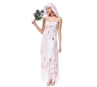 TGUVGRHH Costume de mariée sanglante pour femmes, robe de mariée morte avec couvre-chef pour Halloween, carnaval, bal de fin d'année, bal costumé, blanc, taille L
