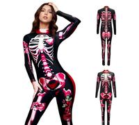 TGUVGRHH Costume de squelette d'Halloween avec masque tête de mort, combinaison squelette fantaisie pour Halloween, bal de maquillage (squelette rose 1, taille 4XL)