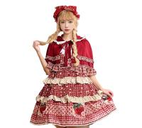 TGUVGRHH Jolie robe Lolita à la fraise, robes Lolita avec nœuds mignons, robe japonaise à carreaux avec cape rouge pour Halloween, carnaval, fête (rouge, XL)