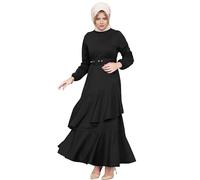 TGUVGRHH Robe Abaya musulmane pour femme, robe de prière en corde avec bords volantés, robe musulmane islamique avec ceinture et manches longues pour prières, Noir , XL