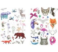 TH020 023 Lot de 2 feuilles de tatouages temporaires motif ours, renard, hippocampe, tortue, cerf, pissenlit