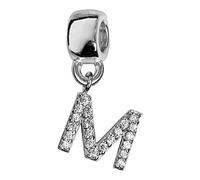 Thabora charms coulissant argent rhodié (Argent 925‰ + protection Rhodium) initiale suspendue m empierree + suédine (offerte) + Certificat d'Authenticité Argent 925‰