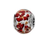 Thabora charms coulissant argent rhodié (Argent 925‰ + protection Rhodium) Murano blanc pailleté rouge + suédine (offerte) + Certificat d'Authenticité Argent 925‰