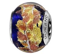 Thabora charms coulissant argent rhodié (Argent 925‰ + protection Rhodium) Murano bleu foncé pailleté dore + suédine (offerte) + Certificat d'Authenticité Argent 925‰