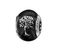 Thabora Charms Coulissant Argent rhodié (Argent 925‰ + Protection Rhodium) Murano Noir Symbole Arbre de Vie + suédine (Offerte) + Certificat d'Authenticité Argent 925‰