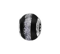 Thabora charms coulissant argent rhodié (Argent 925‰ + protection Rhodium) Murano noire bande pailleté grise + suédine (offerte) + Certificat d'Authenticité Argent 925‰