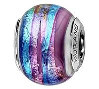 Thabora charms coulissant argent rhodié (Argent 925‰ + protection Rhodium) Murano rose rainure bleu + suédine (offerte) + Certificat d'Authenticité Argent 925‰