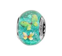 Thabora charms coulissant argent rhodié (Argent 925‰ + protection Rhodium) Murano vert pailleté avec papillons + suédine (offerte) + Certificat d'Authenticité Argent 925‰